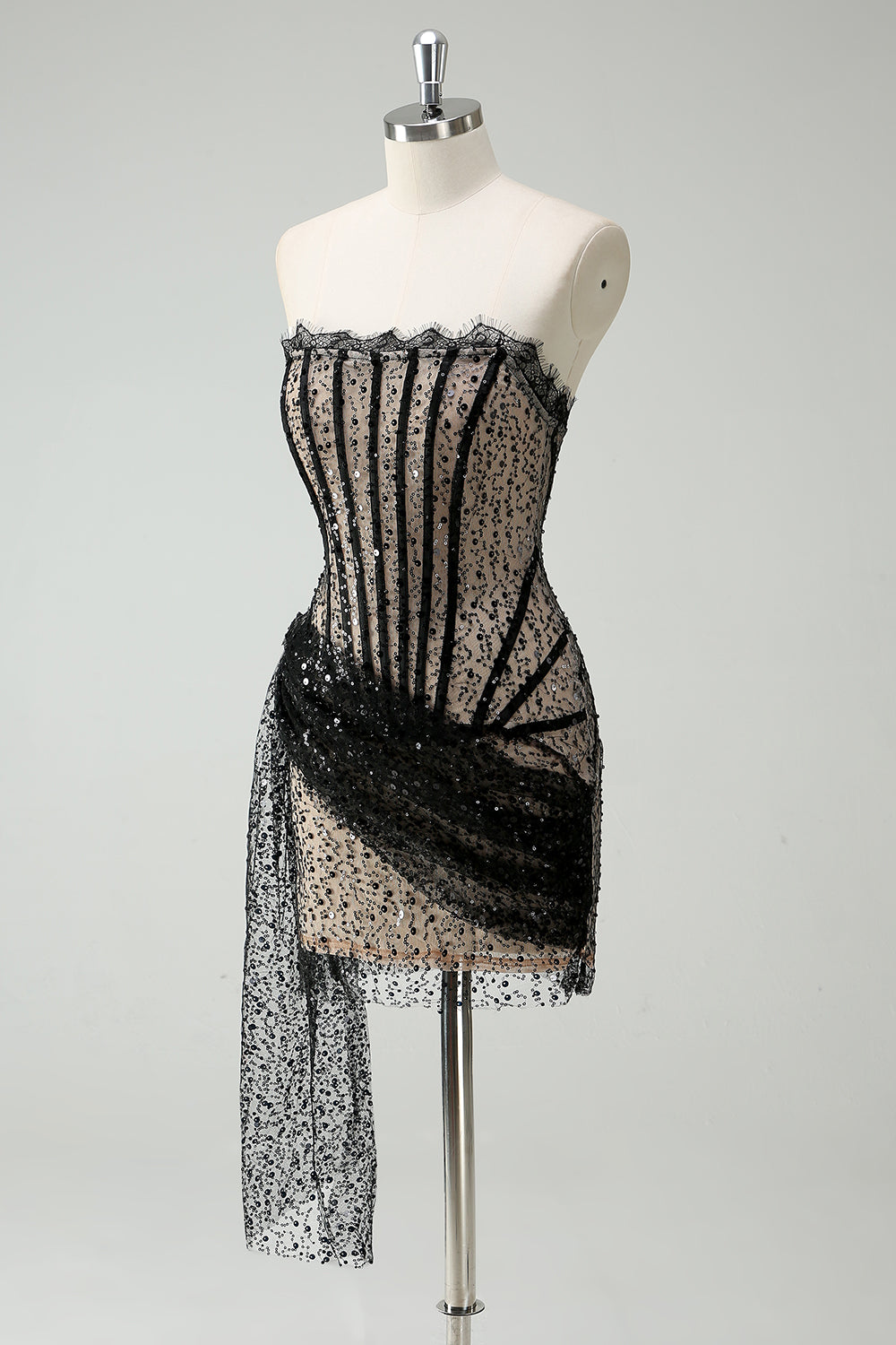 Strapless Black Sequined Bodycon Mini Cocktail Dress