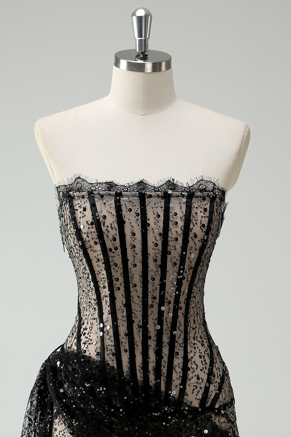 Strapless Black Sequined Bodycon Mini Cocktail Dress