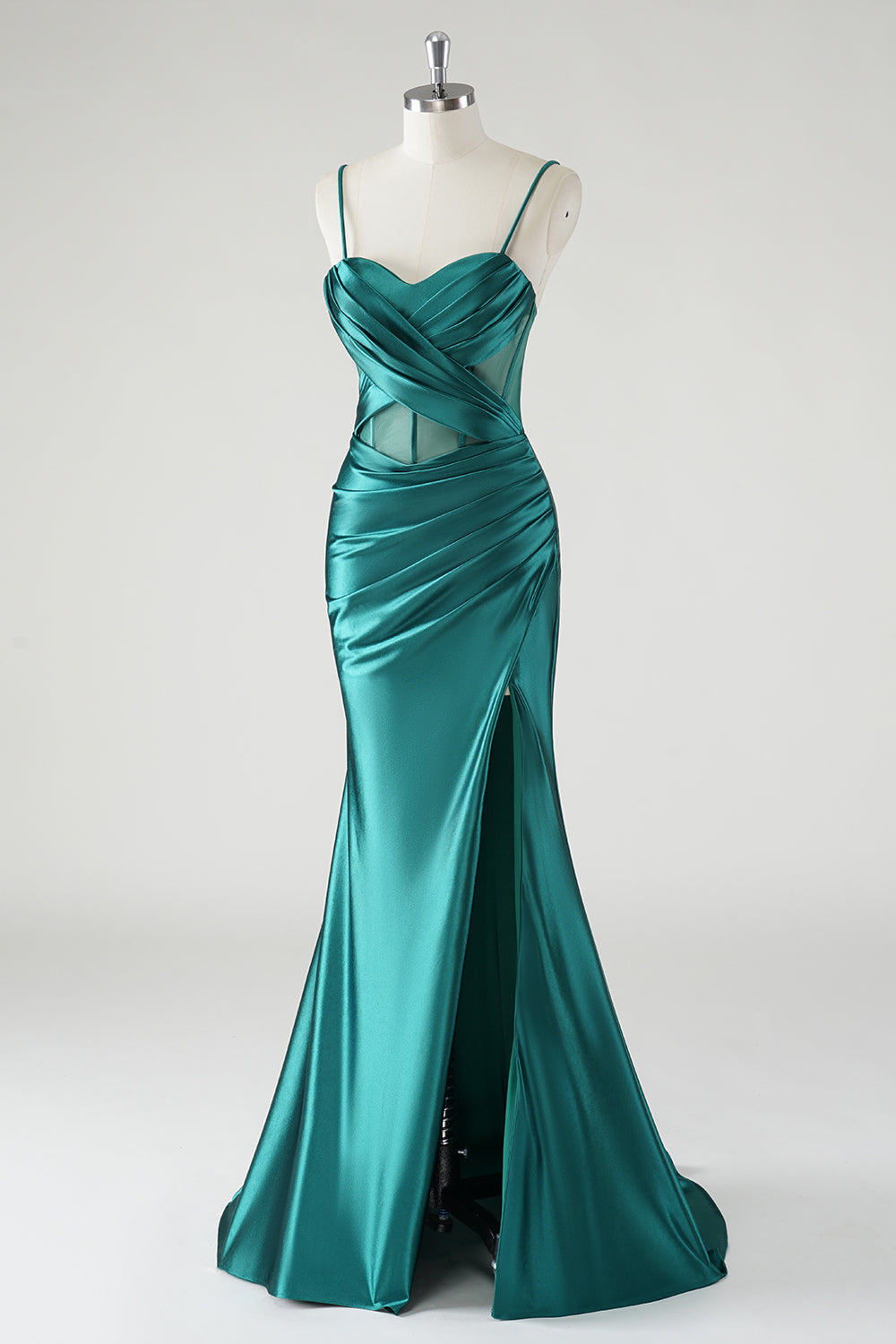 Dark Green Sweetheart Pleated Satin Mermaid Prom Dress with Slit