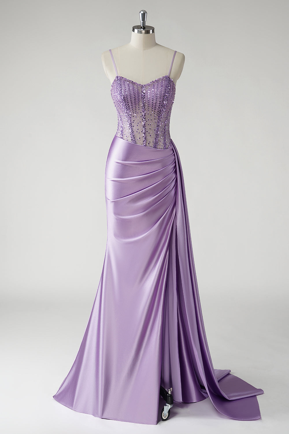 Purple Satin Mermaid Beaded Side Cape Prom Dress with Slit