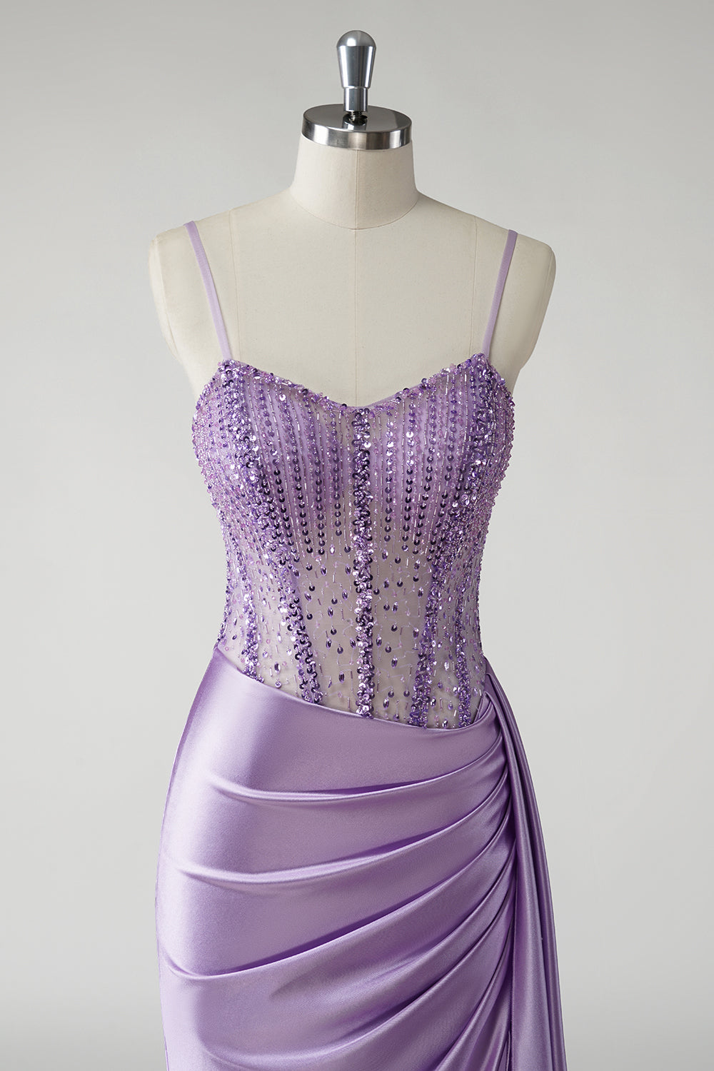 Purple Satin Mermaid Beaded Side Cape Prom Dress with Slit