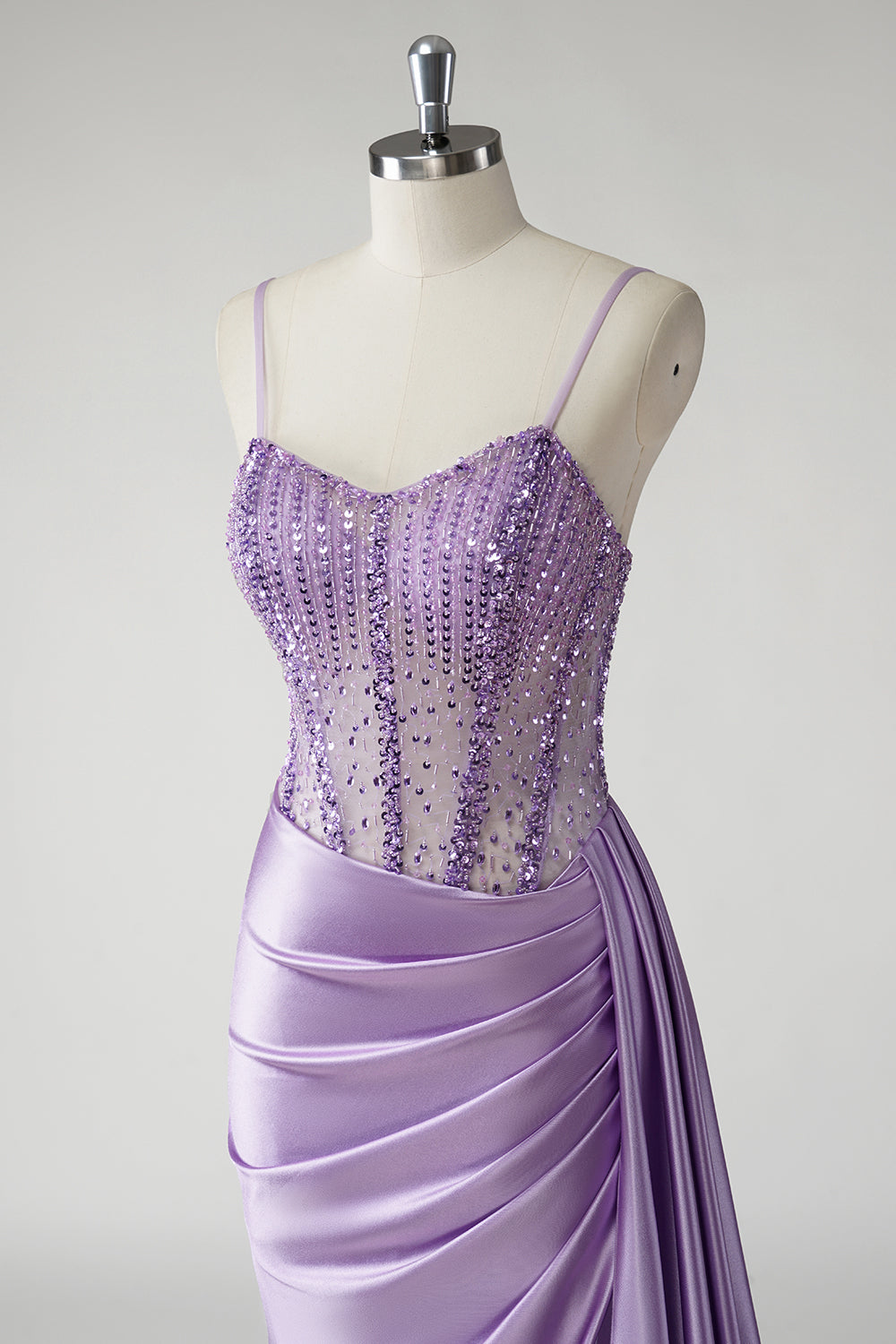 Purple Satin Mermaid Beaded Side Cape Prom Dress with Slit