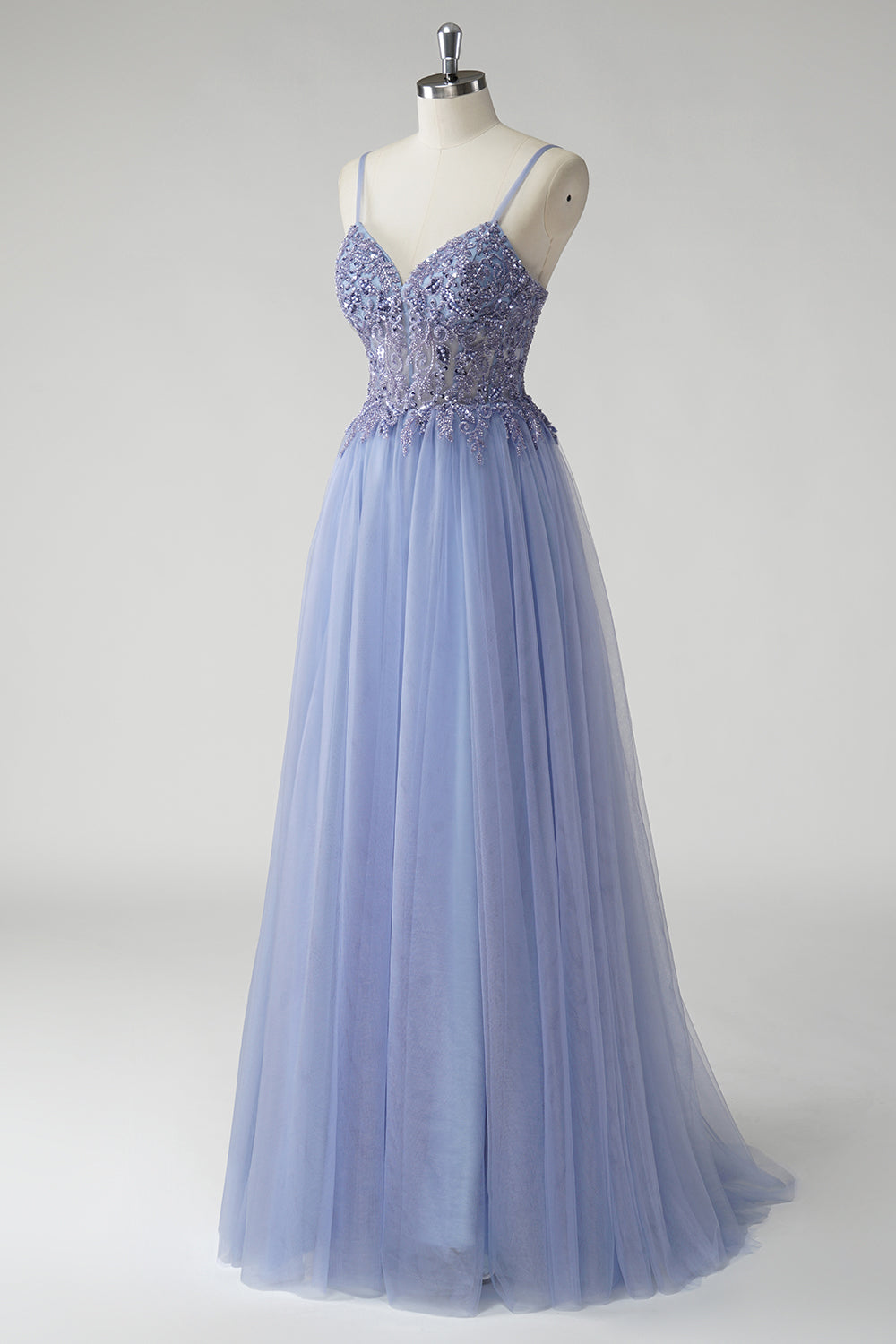 Beaded Corset Grey Blue A-Line Prom Dress with Slit