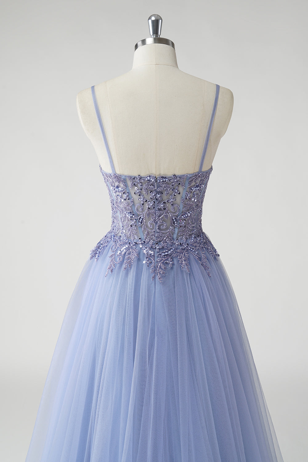 Beaded Corset Grey Blue A-Line Prom Dress with Slit