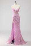 Lilac Sweetheart Floral Corset Maxi Prom Dress with Slit