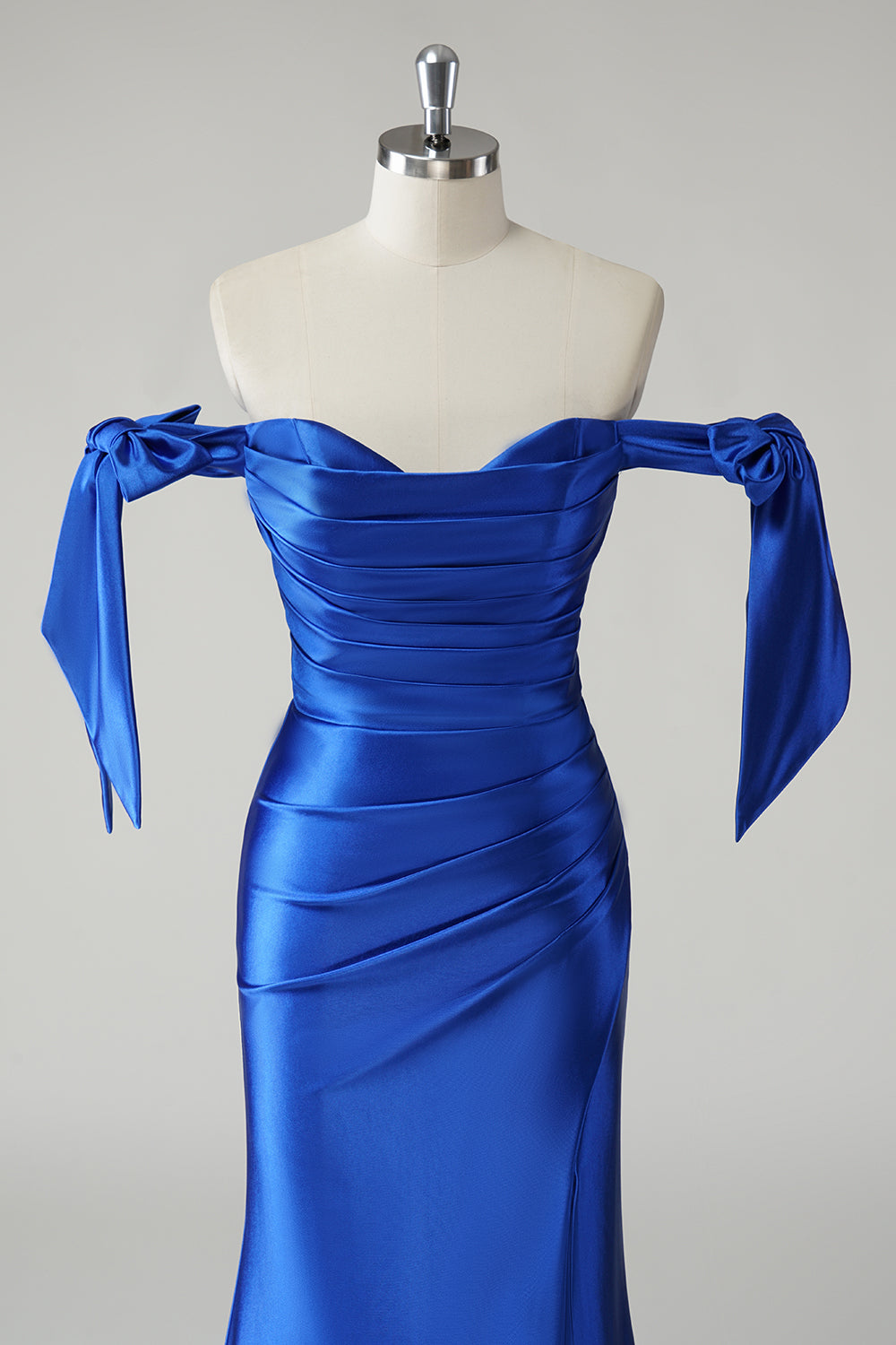 Off the Shoulder Royal Blue Ruched Satin Mermaid Prom Dress with Slit