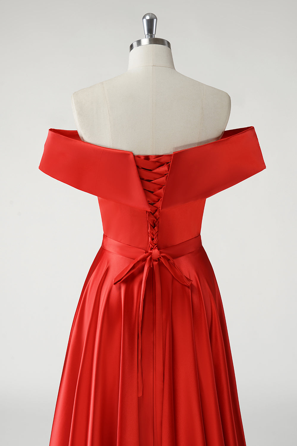 Off the Shoulder Red Satin A-Line High Waist Prom Dress with Slit