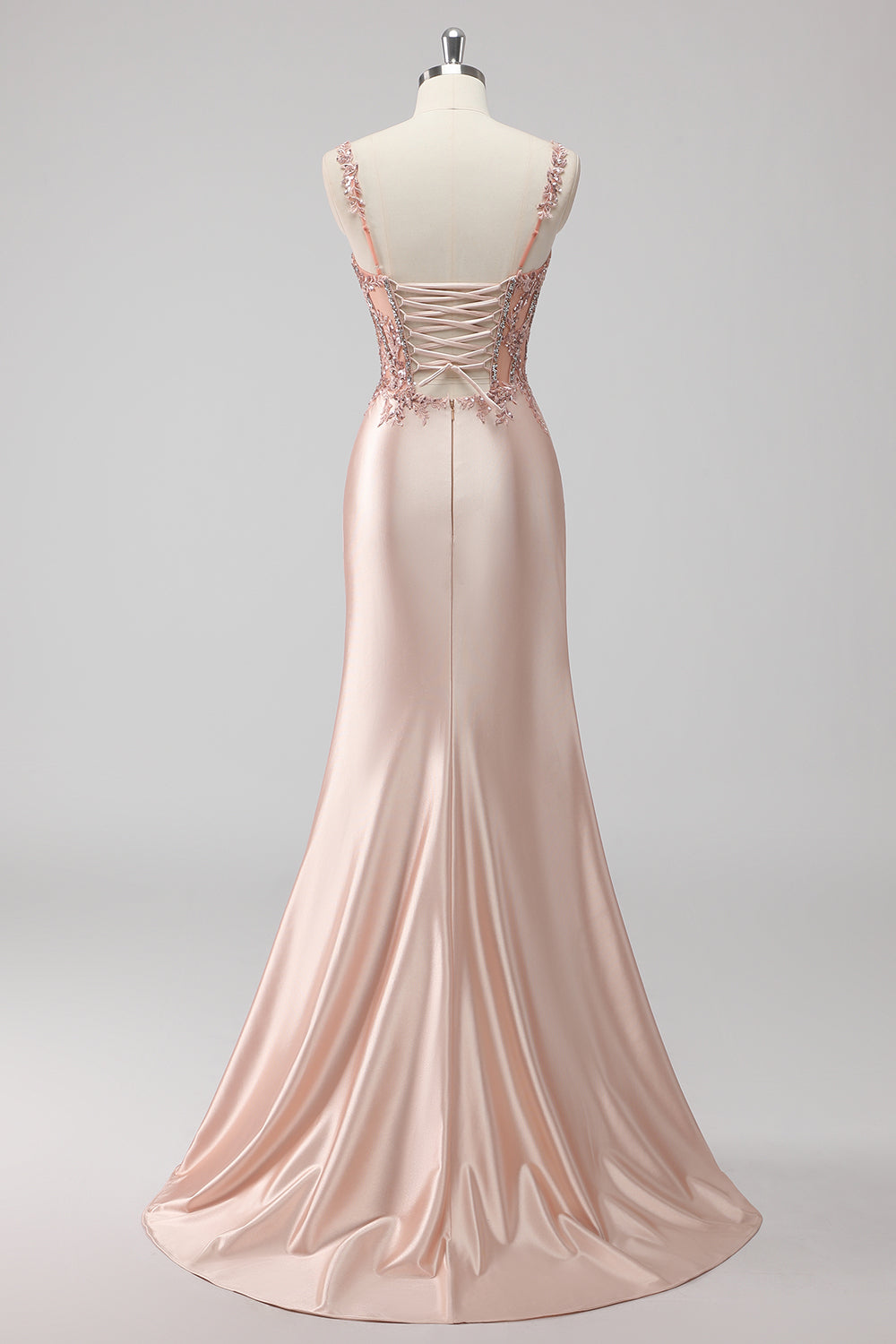 Blush Satin Sequin Corset Maxi Prom Dress with Appliques