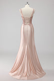 Blush Satin Sequin Corset Maxi Prom Dress with Appliques