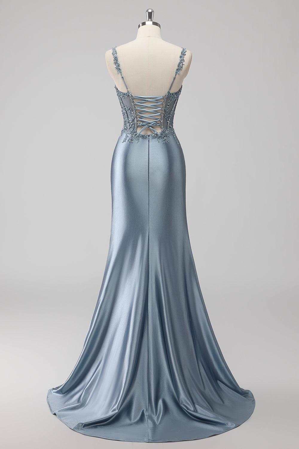 Blush Satin Sequin Corset Maxi Prom Dress with Appliques