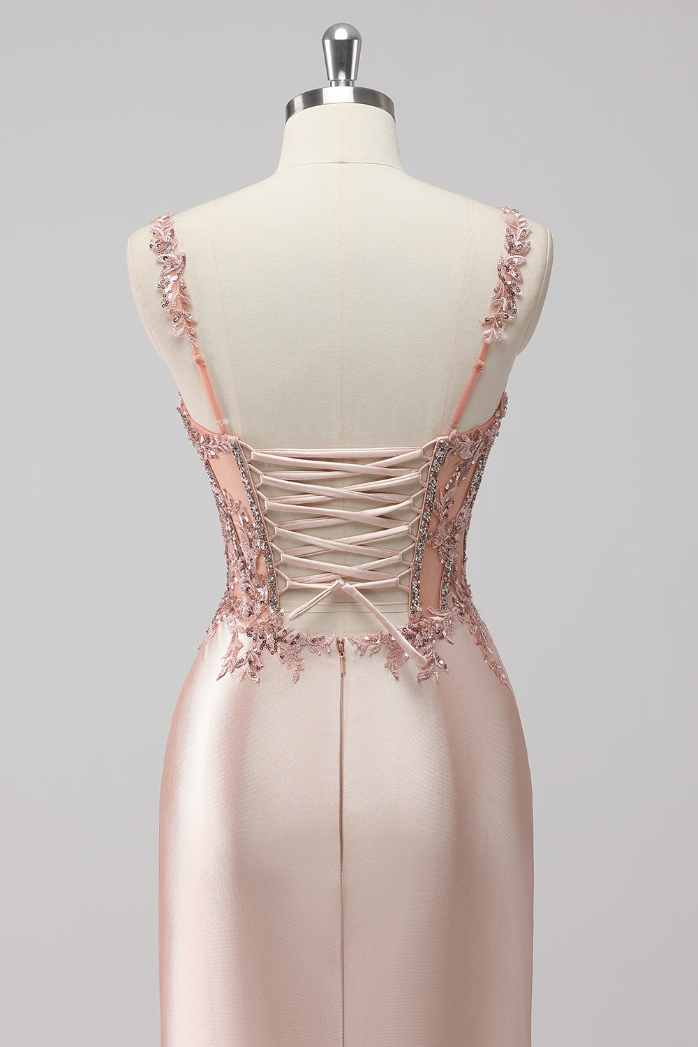 Blush Satin Sequin Corset Maxi Prom Dress with Appliques