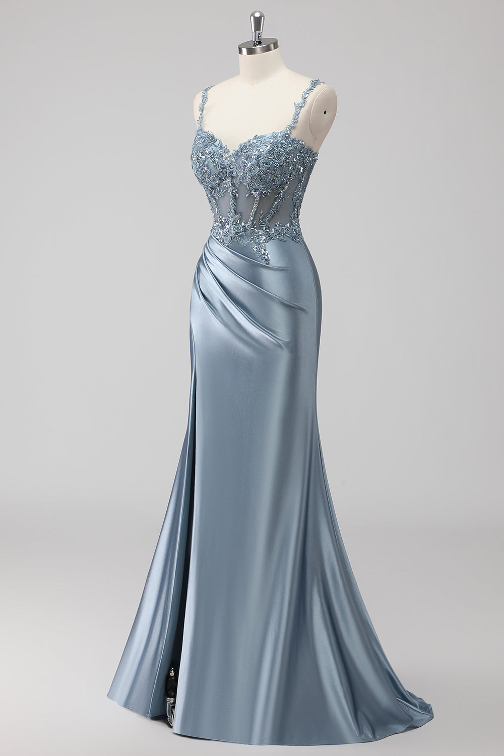 Blush Satin Sequin Corset Maxi Prom Dress with Appliques