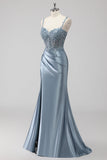 Blush Satin Sequin Corset Maxi Prom Dress with Appliques