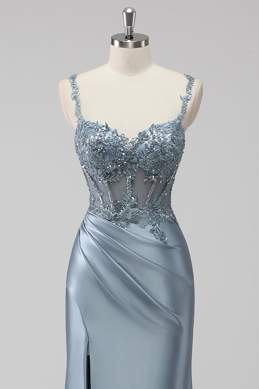 Blush Satin Sequin Corset Maxi Prom Dress with Appliques