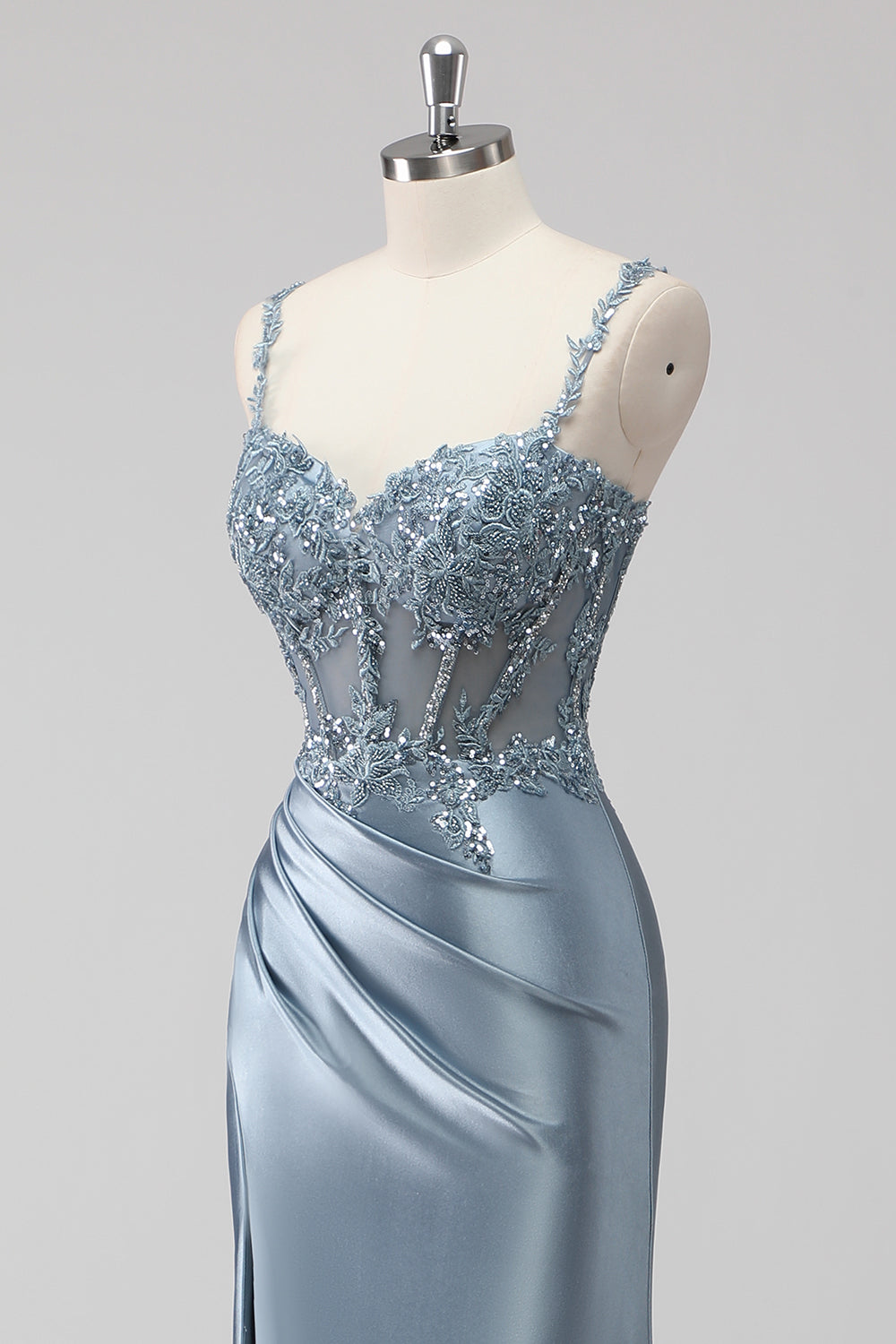Blush Satin Sequin Corset Maxi Prom Dress with Appliques