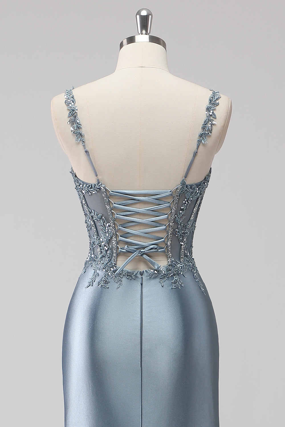 Blush Satin Sequin Corset Maxi Prom Dress with Appliques