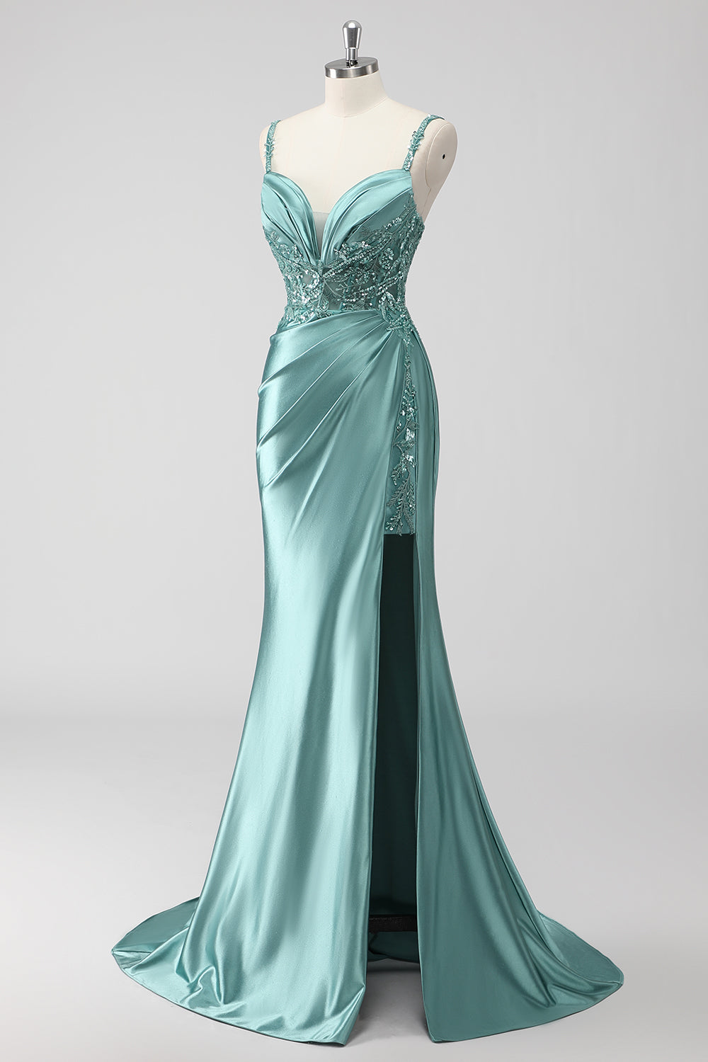 Green Sequin Mermaid Satin Maxi Prom Dress with Slit