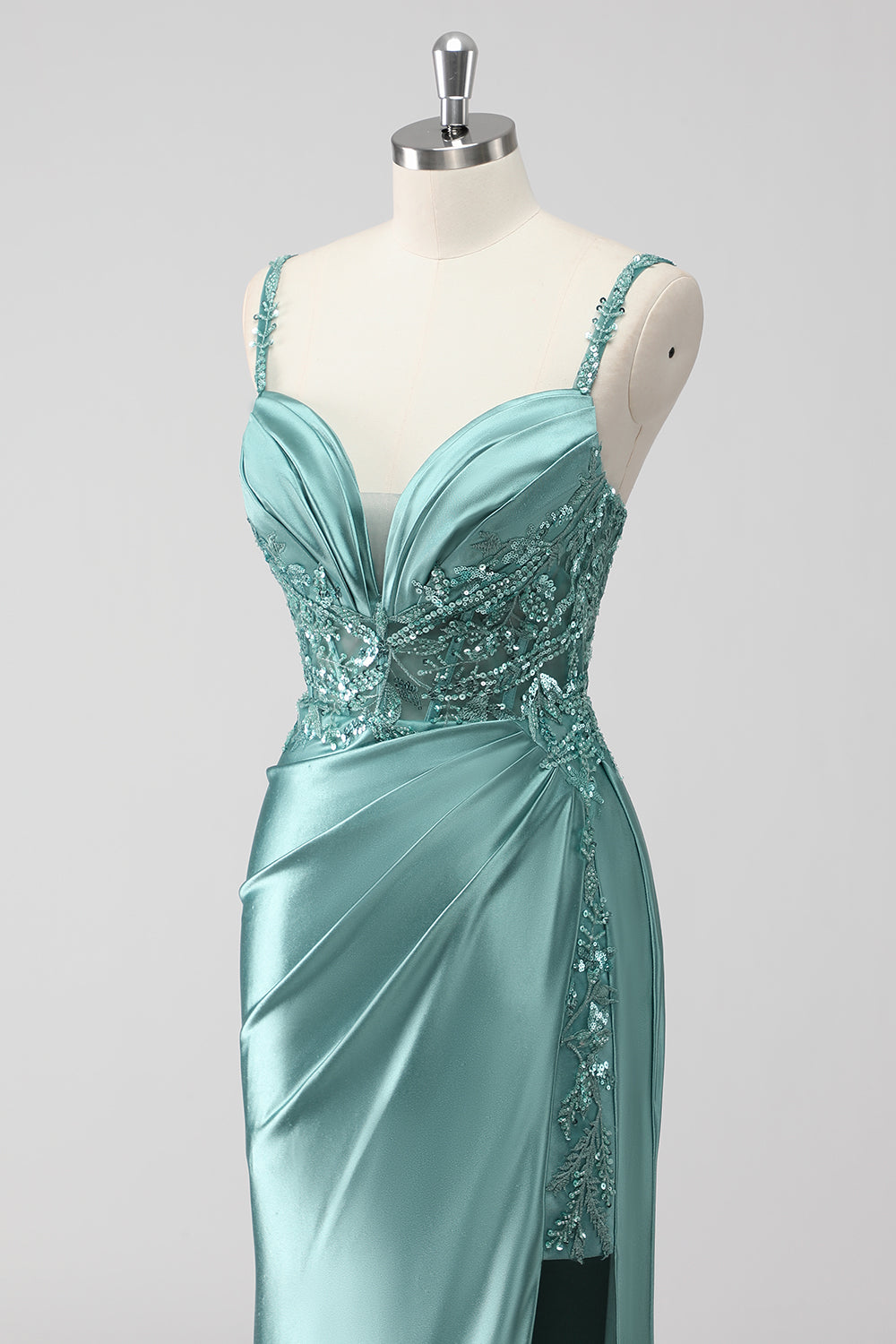 Green Sequin Mermaid Satin Maxi Prom Dress with Slit