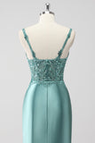Green Sequin Mermaid Satin Maxi Prom Dress with Slit