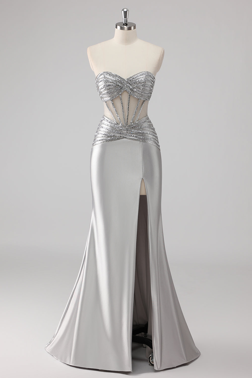 Grey Sparkly Beaded Mermaid Maxi Prom Dress with Slit