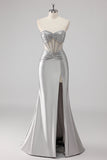 Grey Sparkly Beaded Mermaid Maxi Prom Dress with Slit