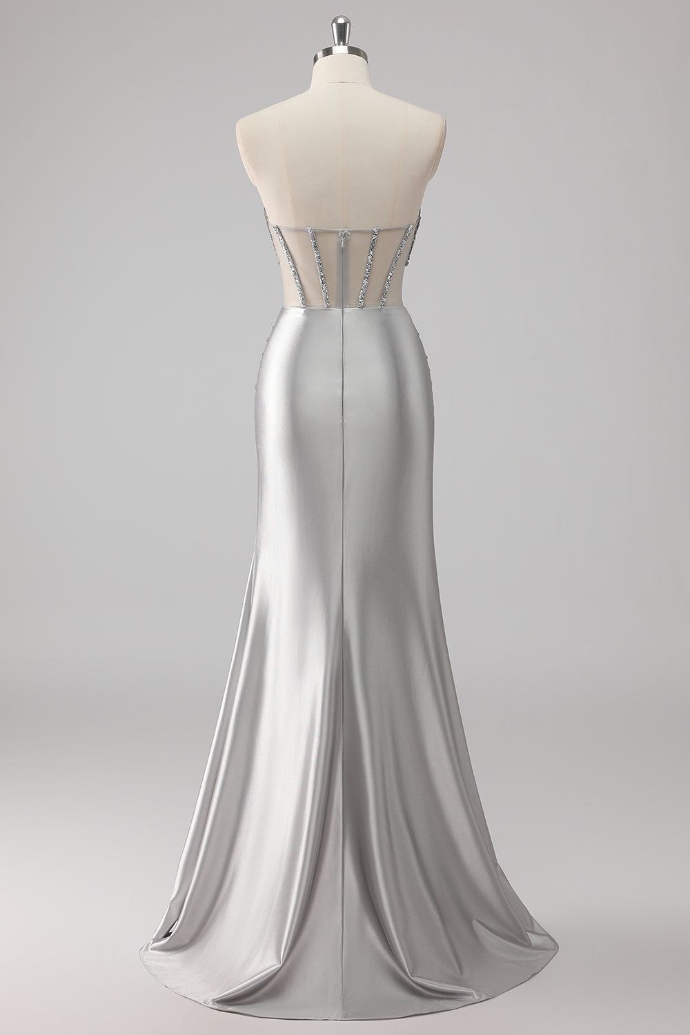 Grey Sparkly Beaded Mermaid Maxi Prom Dress with Slit