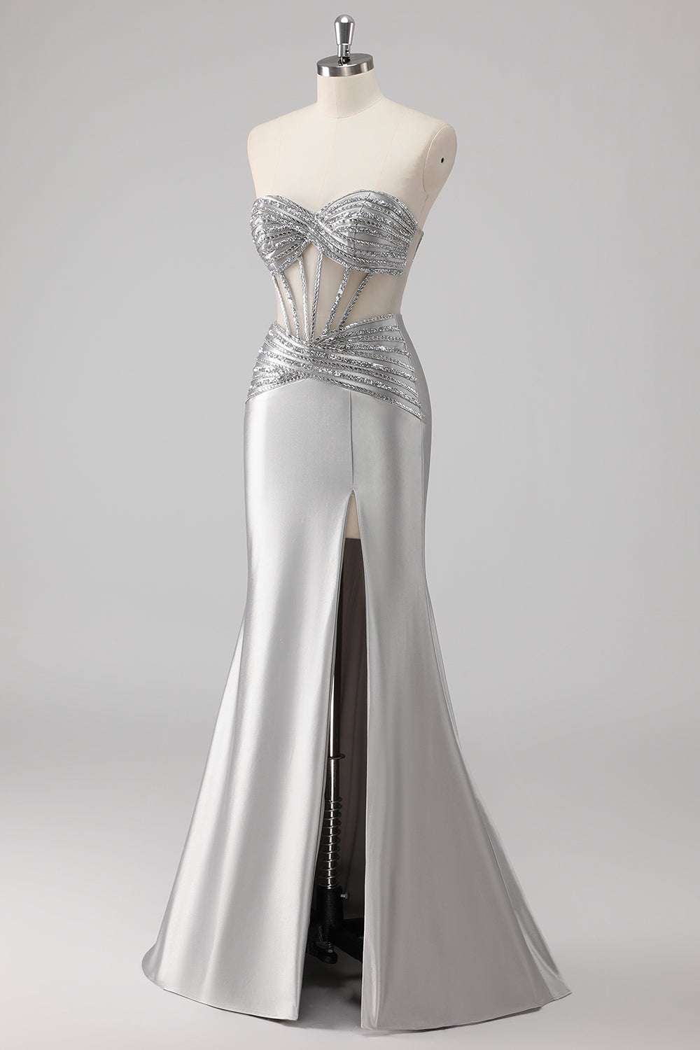 Grey Sparkly Beaded Mermaid Maxi Prom Dress with Slit