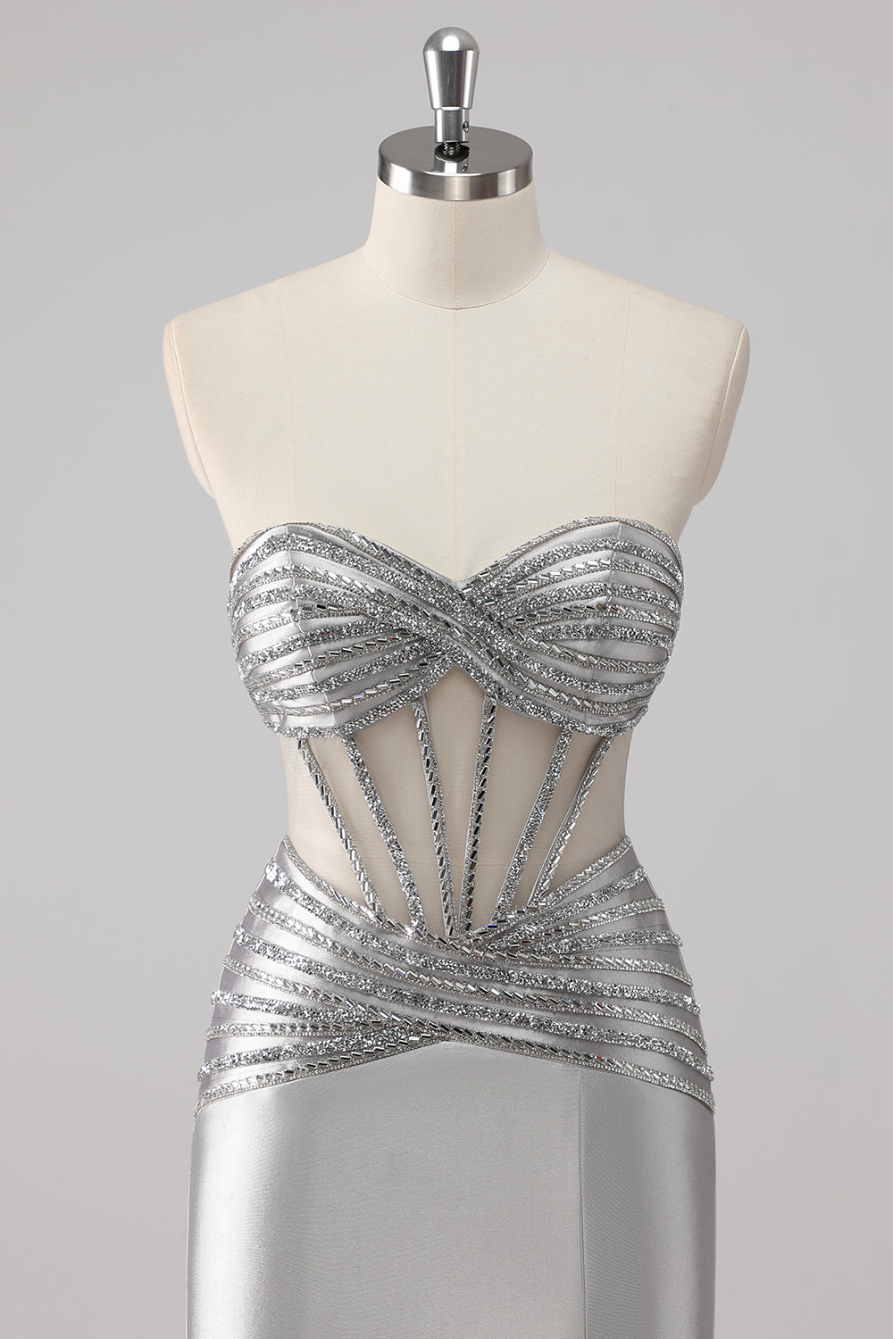 Grey Sparkly Beaded Mermaid Maxi Prom Dress with Slit