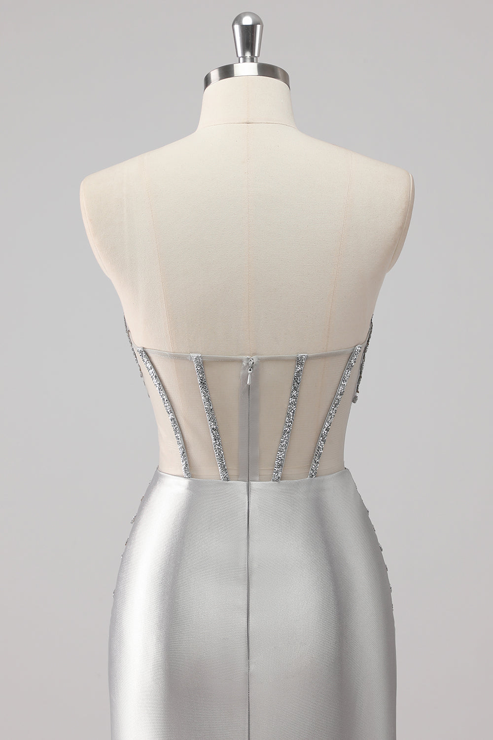 Grey Sparkly Beaded Mermaid Maxi Prom Dress with Slit