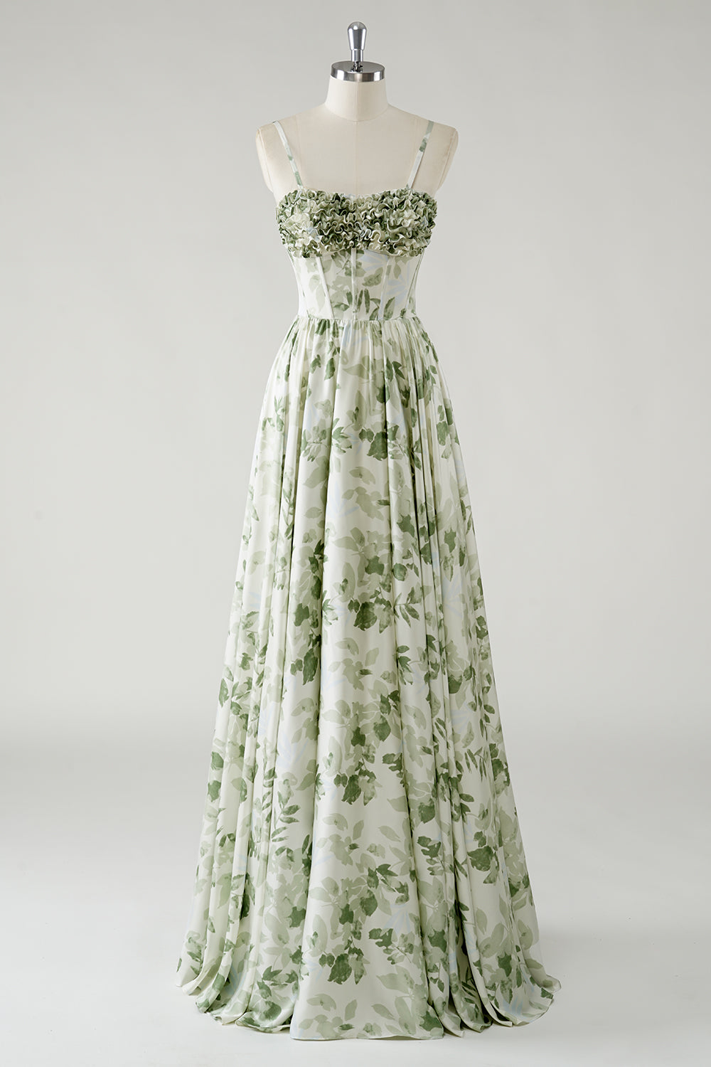 Green Flower A-Line Corset Ruffled Bridesmaid Dress