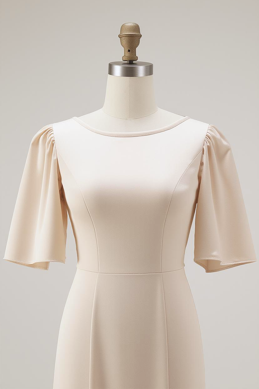 Mermaid Champagne Satin Long Bridesmaid Dress with Sleeves