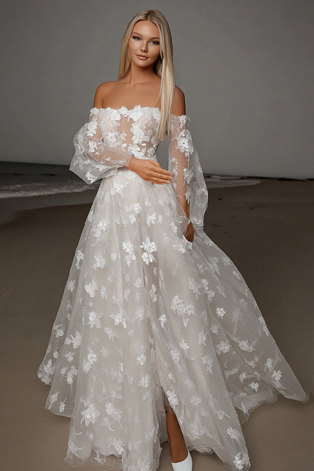 Foral Ivory A Line Lace Wedding Dress with Long Sleeves