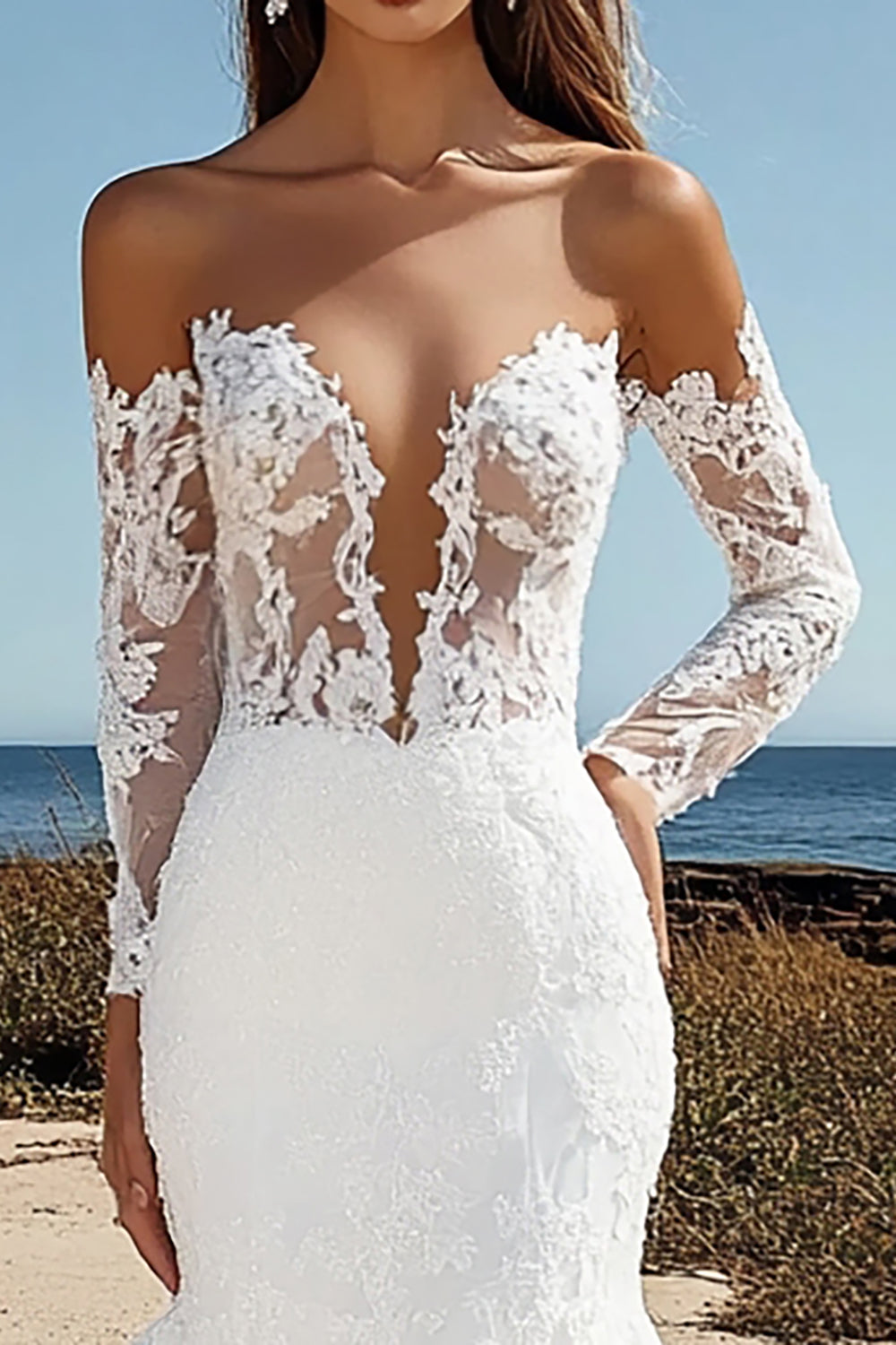 Ivory Corset Floral Long Sleeves Wedding Dress with Lace
