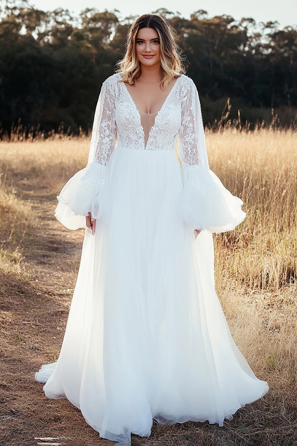 A Line Ivory Lace Deep V-Neck Maxi Wedding Dress with Long Sleeves