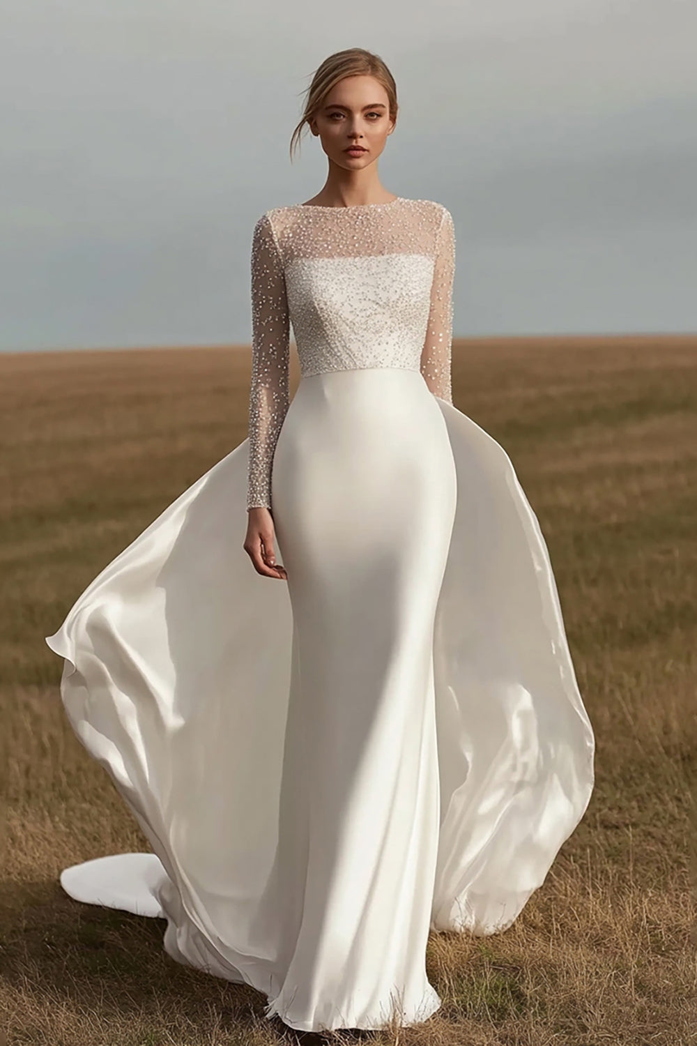 Ivory Satin Long Sleeves Sheath Wedding Dress with Back Cape