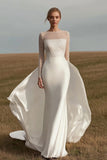 Ivory Satin Long Sleeves Sheath Wedding Dress with Back Cape