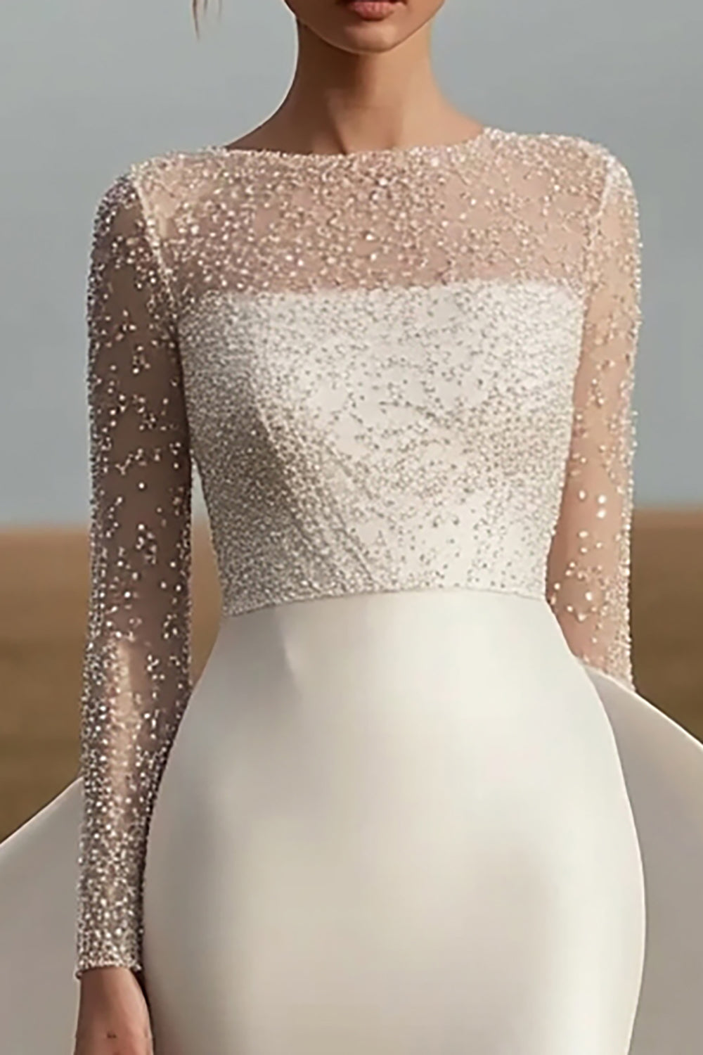 Ivory Satin Long Sleeves Sheath Wedding Dress with Back Cape