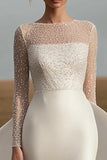 Ivory Satin Long Sleeves Sheath Wedding Dress with Back Cape