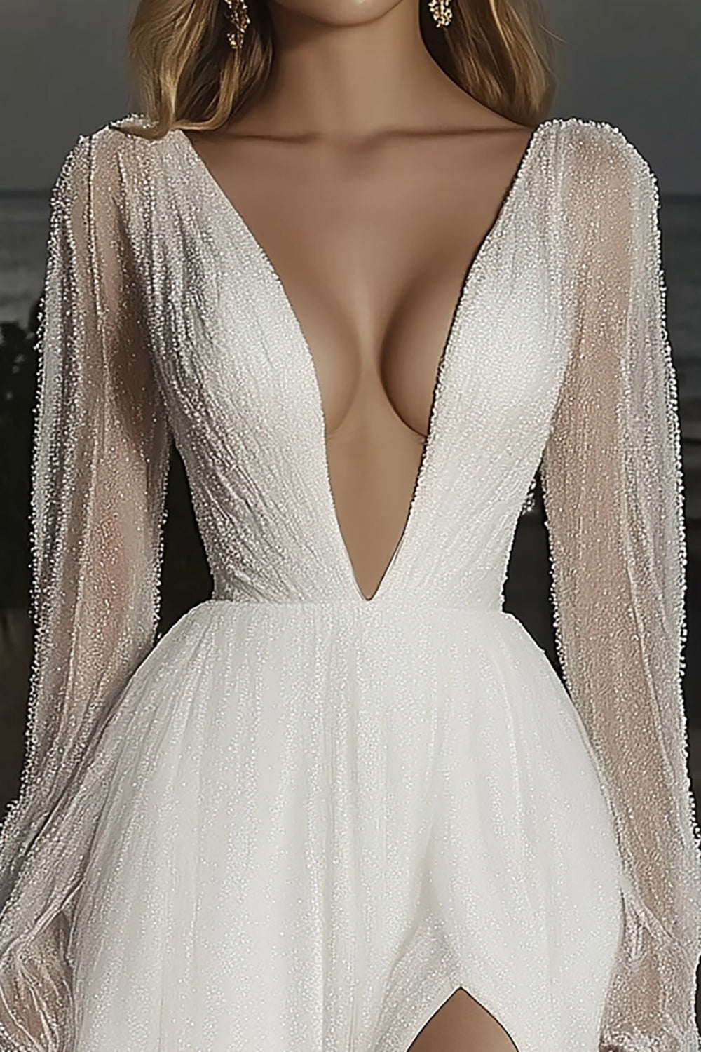 Deep V-Neck Ivory Long Sleeves Wedding Dress with Slit