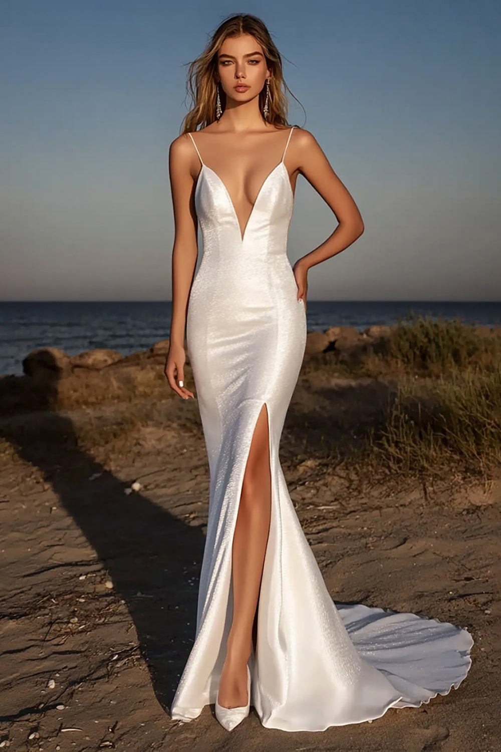 Sparkly Ivory V-Neck Long Wedding Dress with Slit