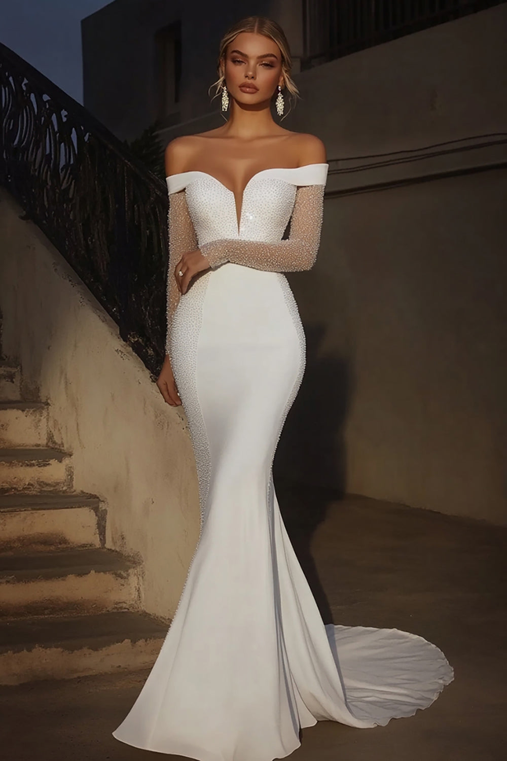 Mermaid Glitter Ivory Off the Shoulder Long Wedding Dress