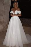 Glitter Ivory Off the Shoulder A Line Sweep Train Wedding Dress