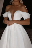 Glitter Ivory Off the Shoulder A Line Sweep Train Wedding Dress