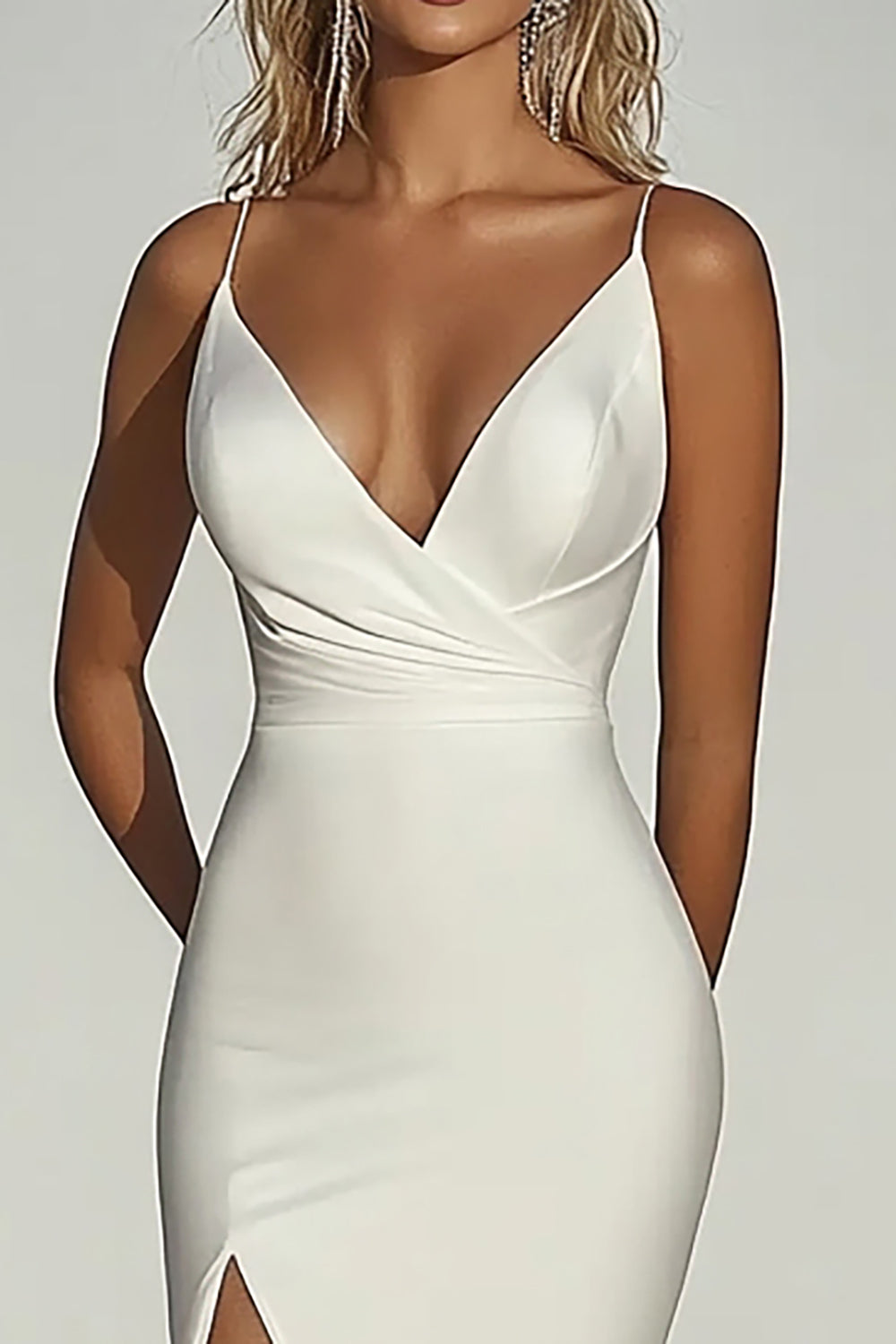 Ivory Spaghetti Straps Matte Satin Mermaid Wedding Dress with Slit