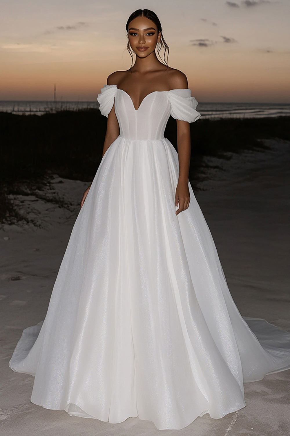 Ivory Off the Shoulder Organza A Line Wedding Dress with Drape