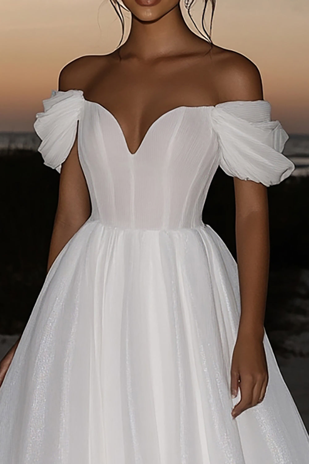 Ivory Off the Shoulder Organza A Line Wedding Dress with Drape