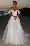 Ivory Off the Shoulder A Line Taffeta Floor Length Wedding Dress