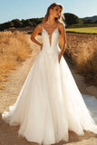 Ivory Spaghetti Straps Tulle A Line Wedding Dress with Lace Applique