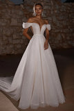 Glitter Ivory Off the Shoulder A Line Sweep Train Wedding Dress