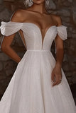 Glitter Ivory Off the Shoulder A Line Sweep Train Wedding Dress